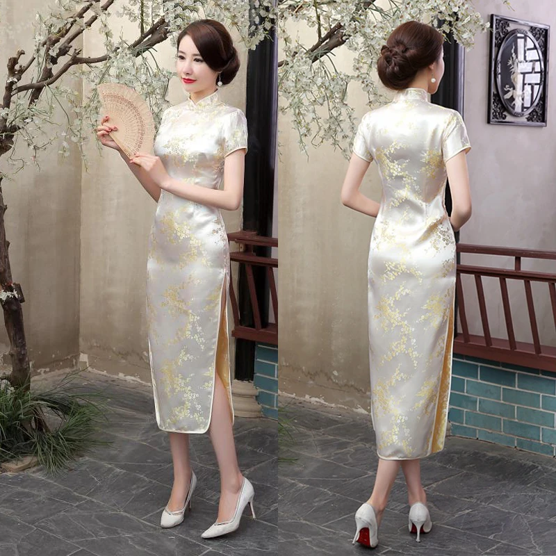 Черный, красный китайское традиционное платье Для женщин Cheongsam Qipao летние шорты рукавом длинное платье цветок размеры S M L XL XXL 3XL 020204