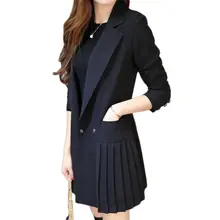 Vestido de negocios para mujer Oficina Blazer largo chaqueta mujer negro doble Breasted Blazer vestido plisado OL bata traje talla grande f345(China)