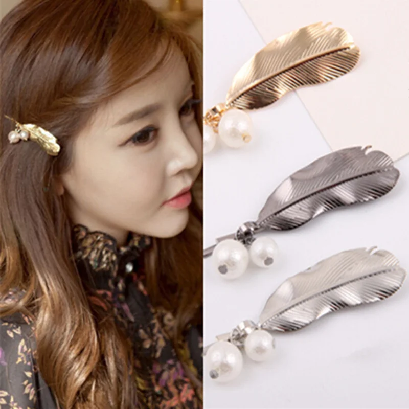 

1Pc Fashion Metal Leaf Shape Hair Clips Women Barrettes Pearl Hairpin Hair Accessories Feather Retro Wedding Hairgrip Headwear