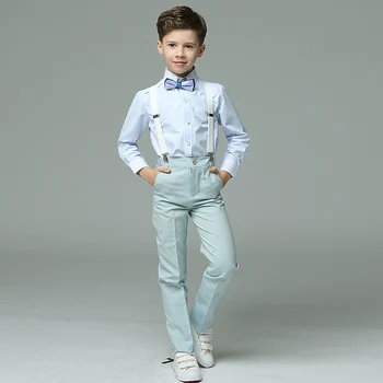 

2017 New Children's Day/Birthday Summer 4pcs/set Short Sleeve Shirts+Strap+Bow Tie+Pants Blue Formal Blazers Suits Sets