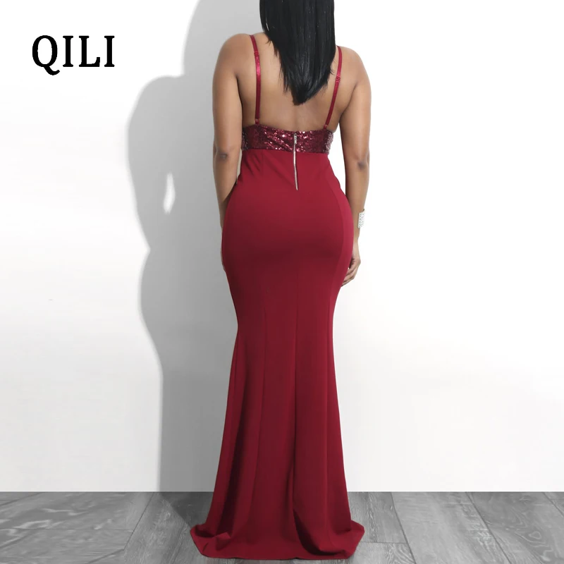 QILI с v-образным вырезом, расшитое блестками платье с русалочкой Для женщин ремень Высокая Талия Длинные плате макси в стиле "Бохо" Стиль пикантные вечерние элегантные женские женское платье халат