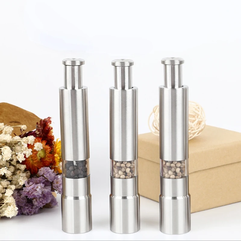 

Manual Pepper Mill Salt Shakers Thumb Push One-handed Pepper Grinder Stainless Steel Spice Sauce Grinders Stick Kitchen Tools