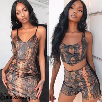 

Fashion Women Summer Strap Dress Snake Printed Bodycon String Crop Tops Shorts 2 Pieces Set Mini Dress Outfits