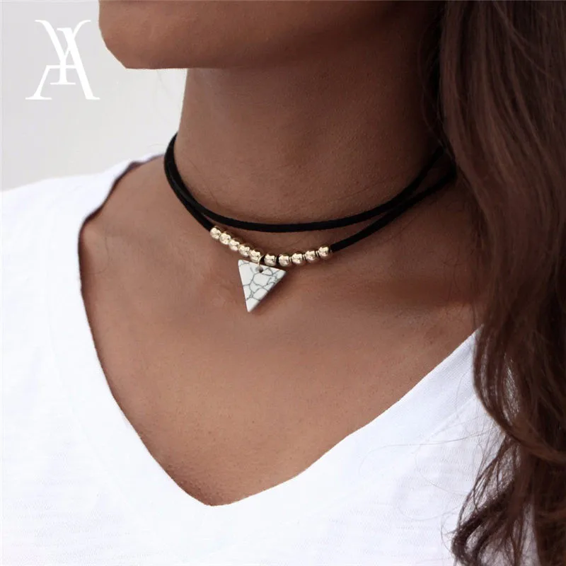 

Triangle Stone Choker Double Layer Unicorn Necklaces for Women Fashion Beads Pendant Collier Leather Necklace Boho Jewelry