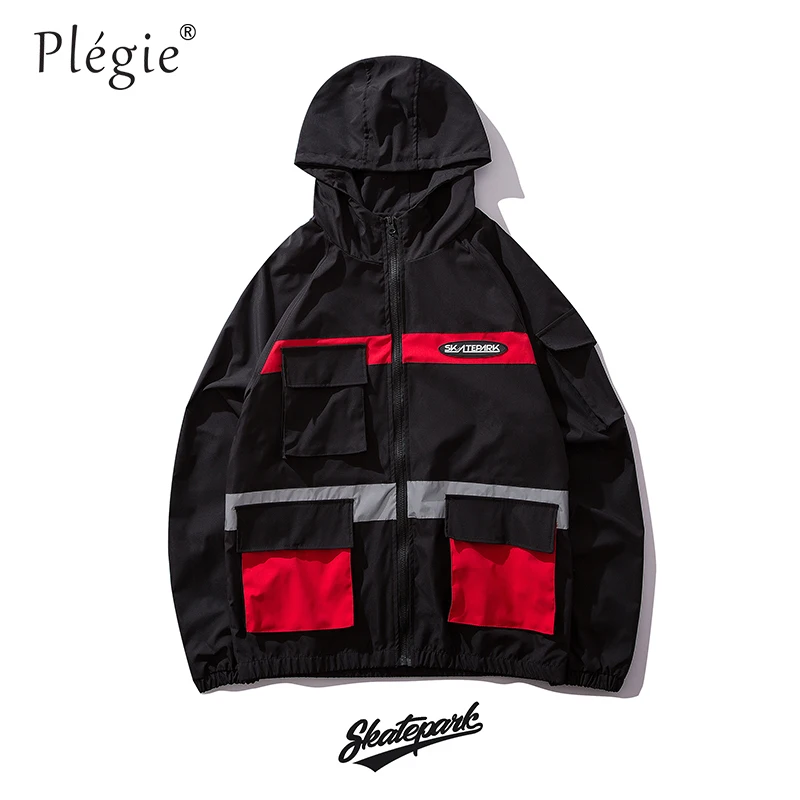 Harajuku 3M Reflective Jacket Men Hip Hop Streetwear Hooded Jacket Windbreaker Spring 2019 Color Block Track Jacket Coat Hoodies