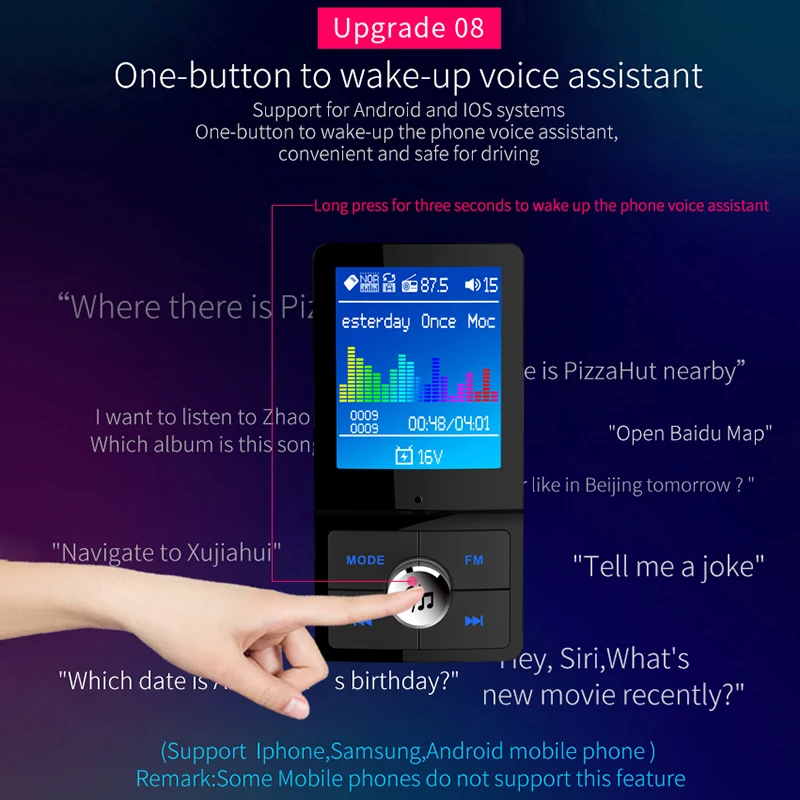 Bluetooth автомобильный fm-передатчик mp3 музыкальный плеер модулятор громкой связи поддержка вызова Сири, голосовой помощник ЖК-дисплей цветной экран