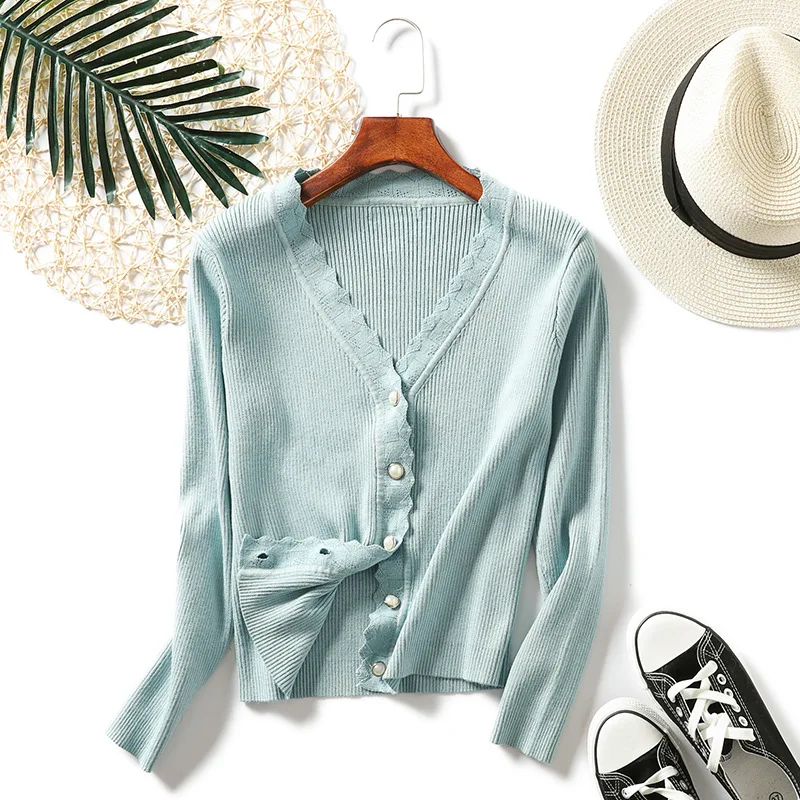 2019 Autumn Winter Korean Sweater Women Button V-neck Wave Long Sleeve Slim Sweater Female Crochet Knitted Cardigan Outside Coat