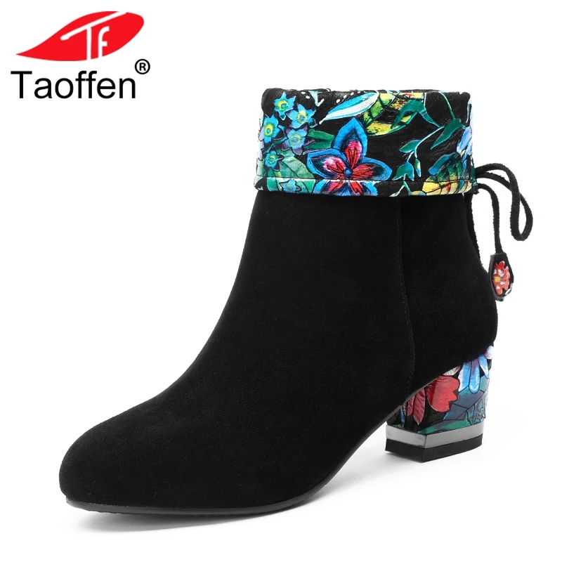 

TAOFFEN Women Ankle Boots Genuine Leather Bowknot Print Flower High Heel Boots Winter Fur Shoes Women Warm Footwear Size 33-43