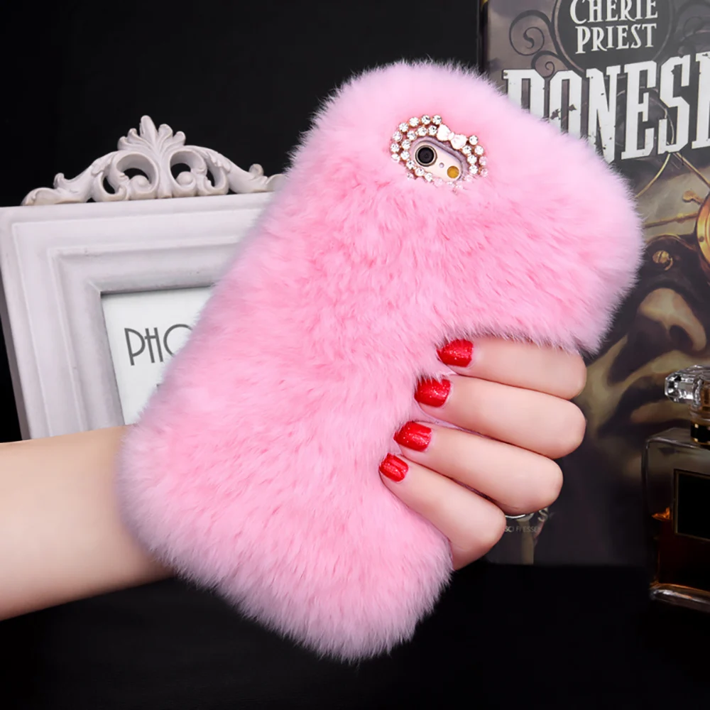 Luxury Rabbit Fur Case for iPhone XS Max Xr X 8 7 6 6S Plus SE 5S Cover Fashion Bling Diamond Winter Soft Furry Plush Phone Case puffer case