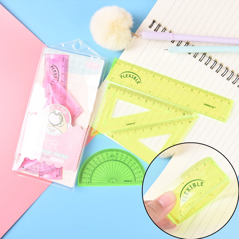 4Pcs//Set Student Ruler Sets Straight Triangular Measure Soft Flexible Stationery