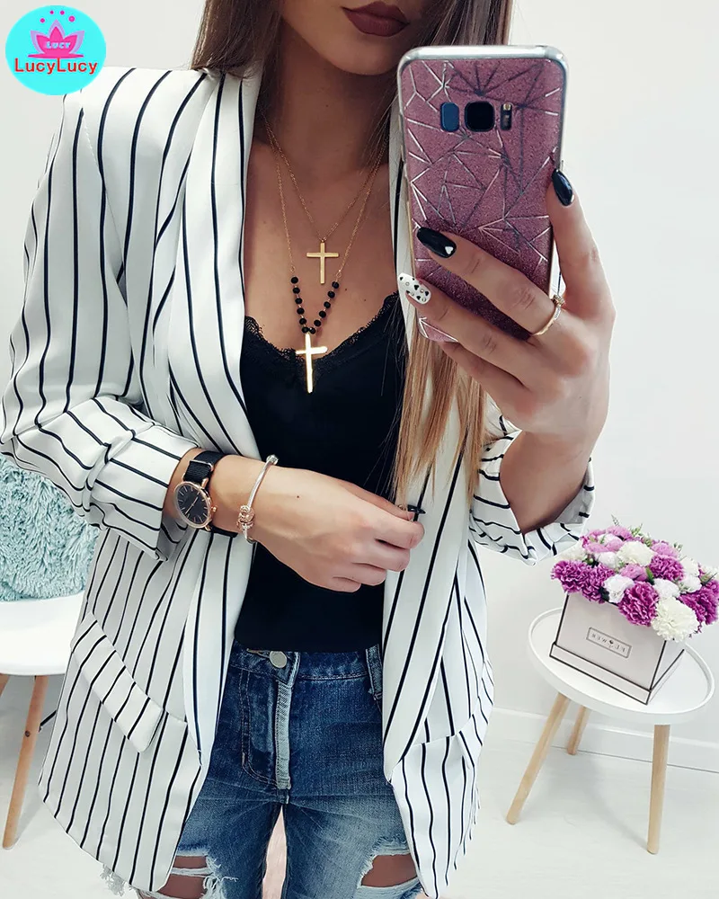 Spring and Summer Leisure Fashion Small Suit Long Sleeve Stripe Women's Jacket in Europe and America in 2019