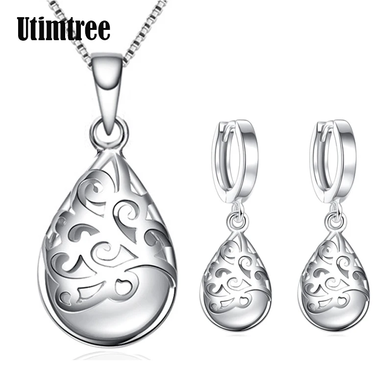 

Utimtree High Quality Water Drop Shape Opal 925 Sterling Silver Jewelry Sets for Women Pendant Necklace Drop Earring Wedding Set