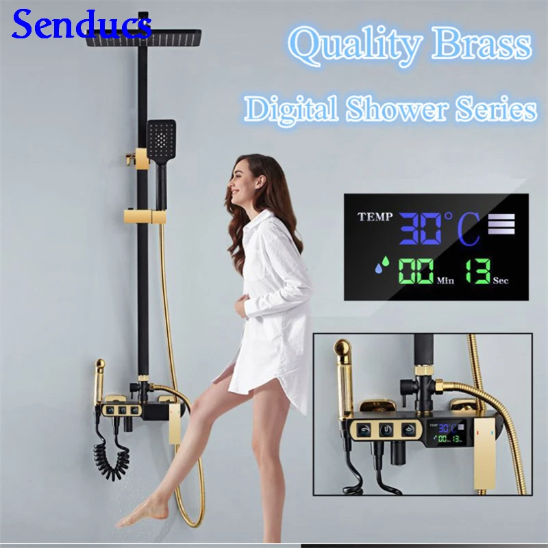 

Senducs Digital Shower Set with Quality Brass Bath Bidet Bathroom Shower Faucet Rainfall Square Top Shower Black Gold Shower Set