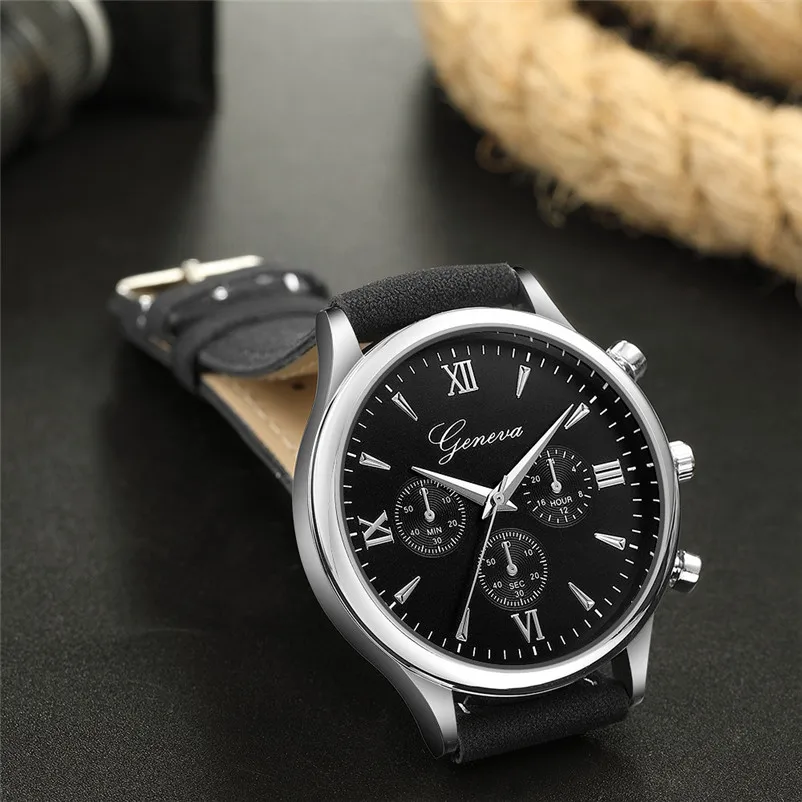 Luxury Fashion Simple Men Watch casual Faux Leather band Mens Blue Ray Glass Quartz Analog wrist Watches montre homme J14#N (6)
