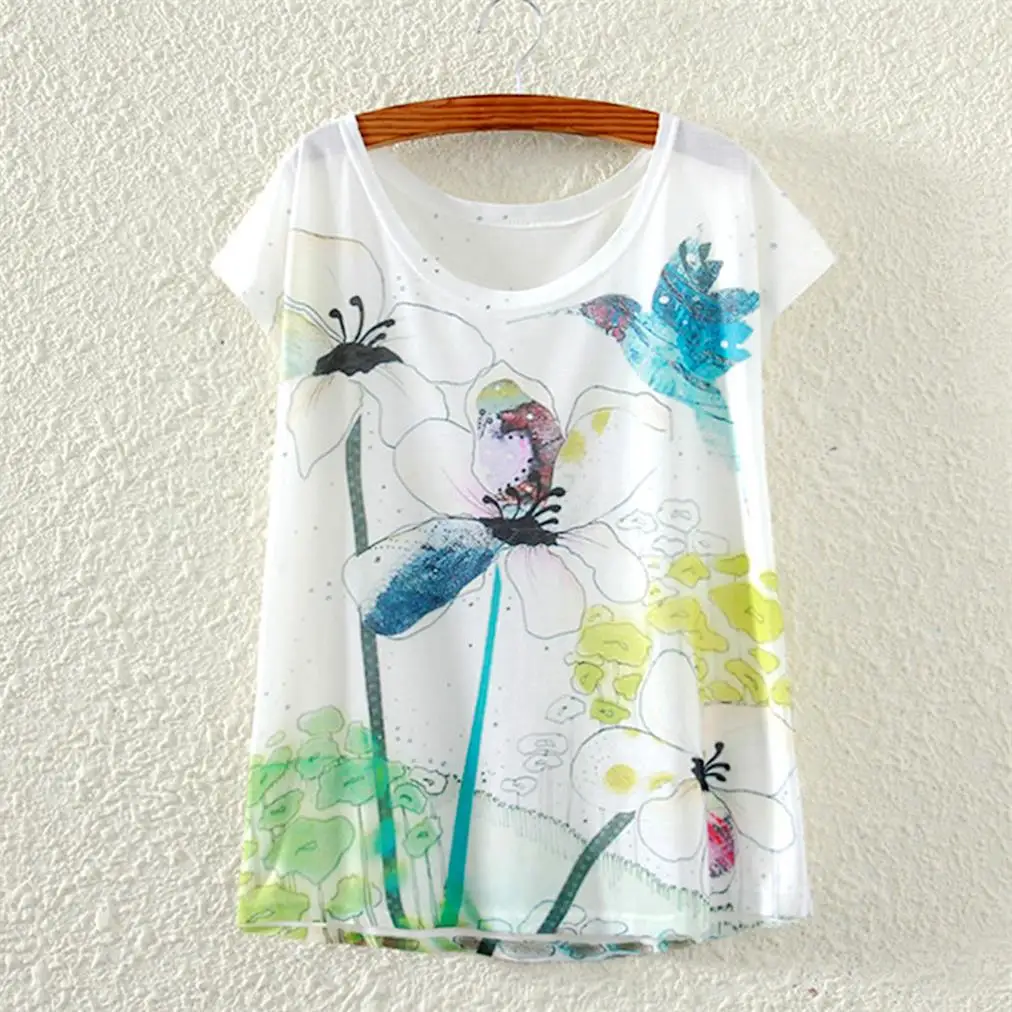 16 Colors 2016 Cotton T Shirt Women Floral Flowers Print T Shirts Women Tops Emoji Funny butterfly T-Shirt Femme Clothes