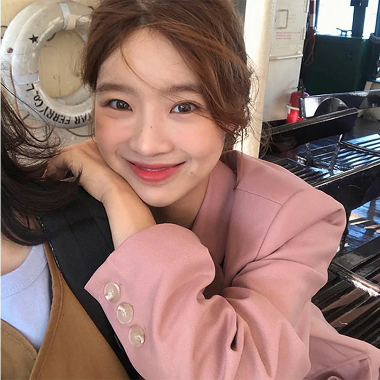 2019 Spring Sweet Pink Hundred Take Medium and Long Loose Suit Jacket Button Single Breasted Solid Full Women Coat and Jackets