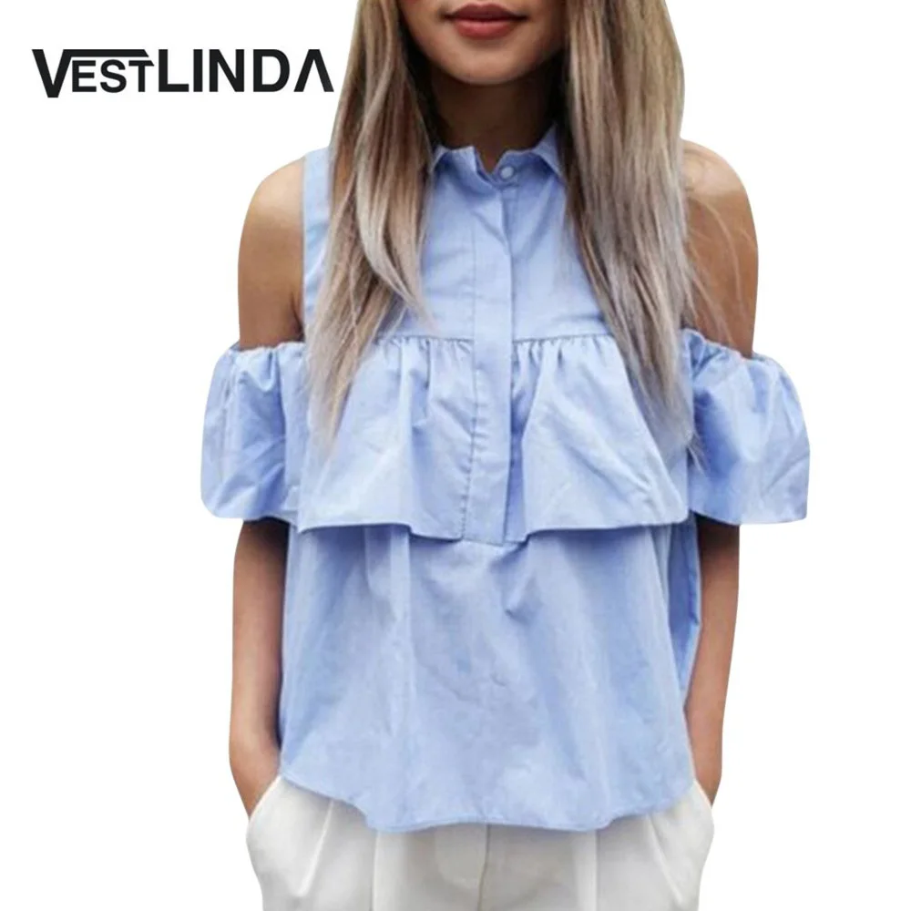VESTLINDA Summer Women Off the Shoulder Ruffles Blouse Shirts Turn Down Collar Casual Sexy Tops Chemise Femme Work Office Blusas 08