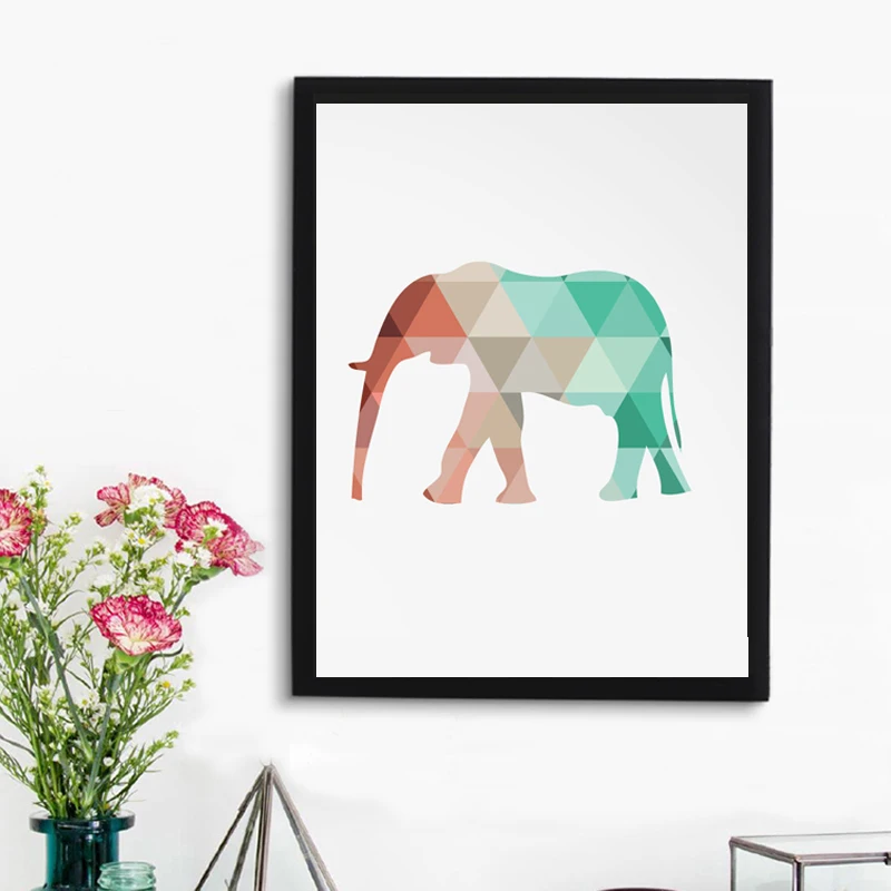 Mint And Coral Elephant Print Canvas Geometric Elephant Posters