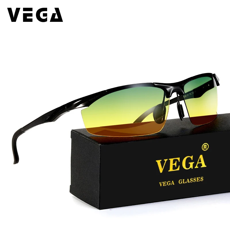 

VEGA Cool Polarized Driving Sunglasses For Men Top Rated Day Night Driver Glasses Semi-rimless Alloy Frame Yellow Lenses 2206