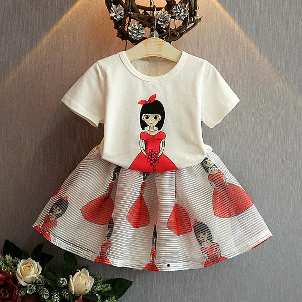 

2018 Hot Sale Christmas Clothing Baby Girls Kid Short Sleeve Cartoon Print Tops+Skirt Outfits Set Clothes #20
