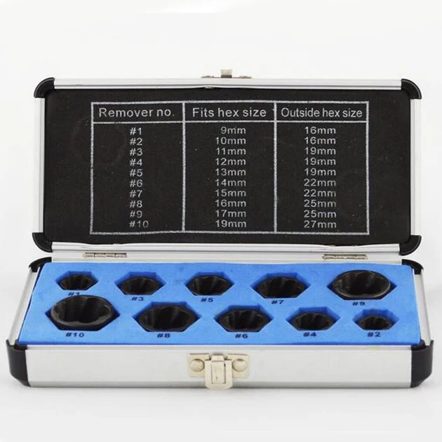 

10pcs Damaged Nut Bolt Remover Stud Extractor Set (9-19mm) Broken Bolt Removal Kit Black Metric