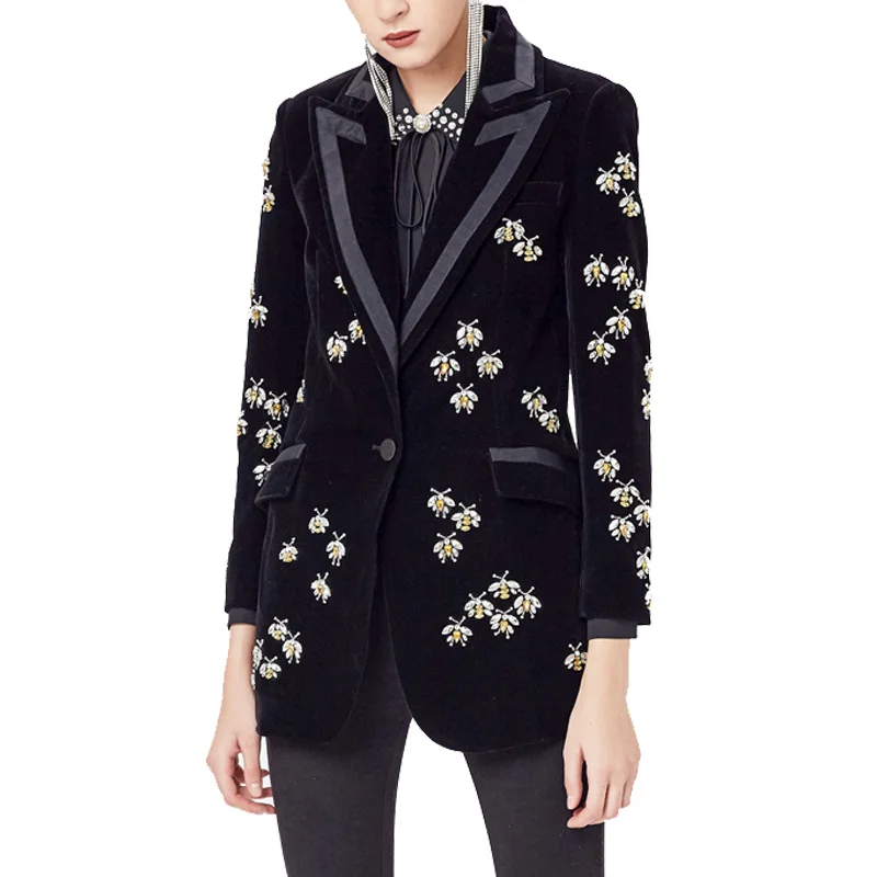 2022 Top Fashion Women's High Street Luxury Black Velvet Blazers