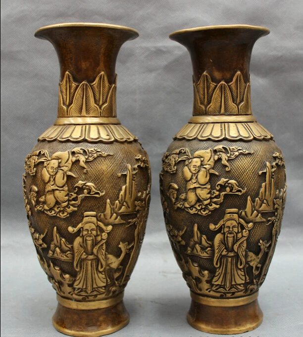 

song voge gem S4919 10" Chinese Bronze Folk Fu Lu Shou Peach Deer Mammon God Statue Vase Pot Pair