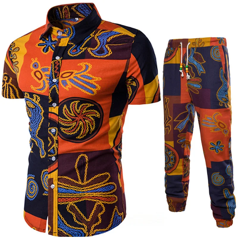 Мужские комплекты рубашки + брюки комплект из двух предметов с короткими рукавами этнические костюмы Летняя Модная Мужская одежда