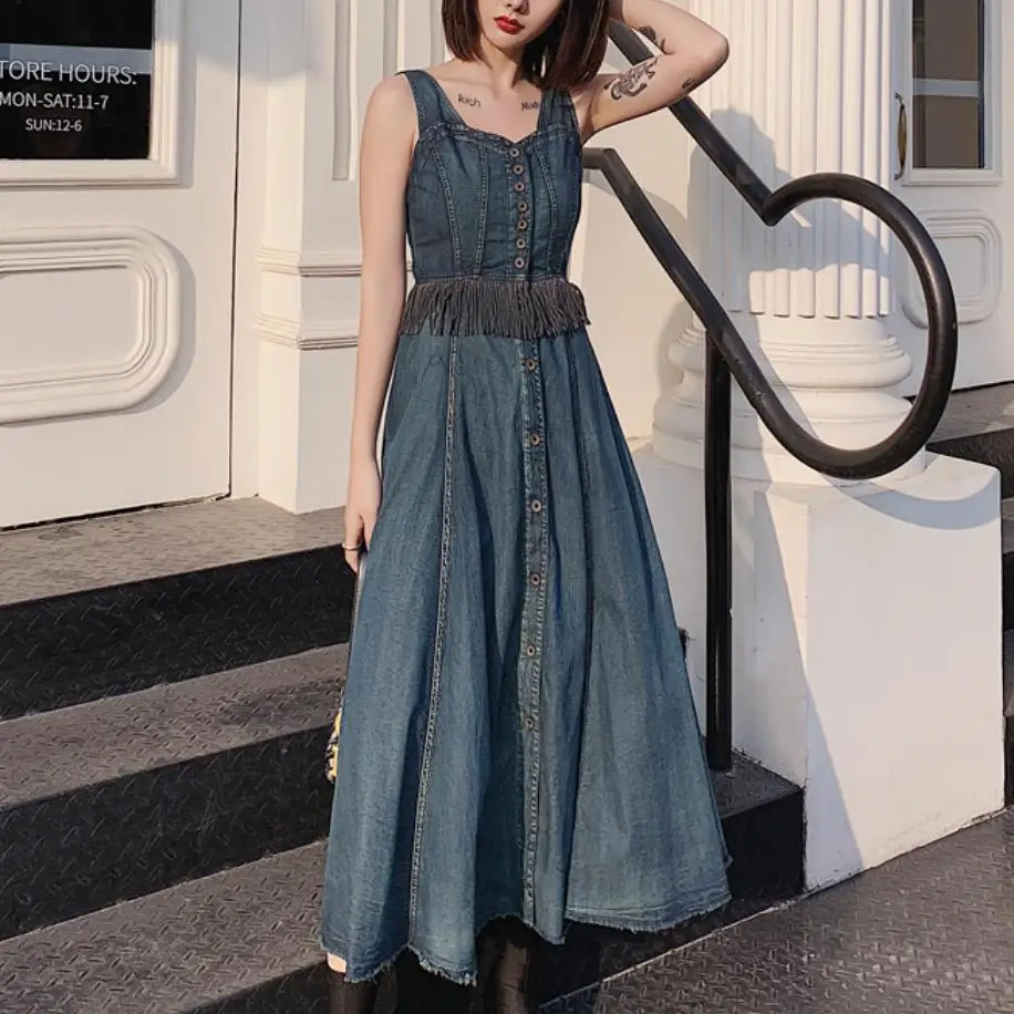 

Denim dress 2019 spring women vintage tassel stitching high waist spaghetti strap slim jeans dress a-line