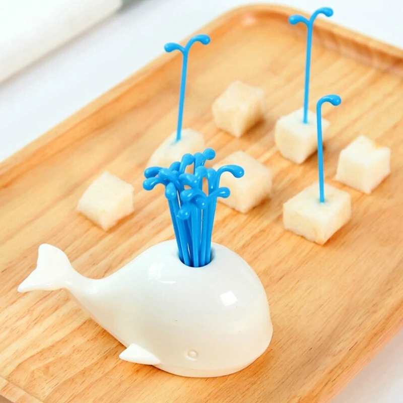 

1Set Novelty Toothpick Gadget Whale Kitchen Fruit Forks Party Utensils Plastic Spouting Reusable Picks Holder Stand m15