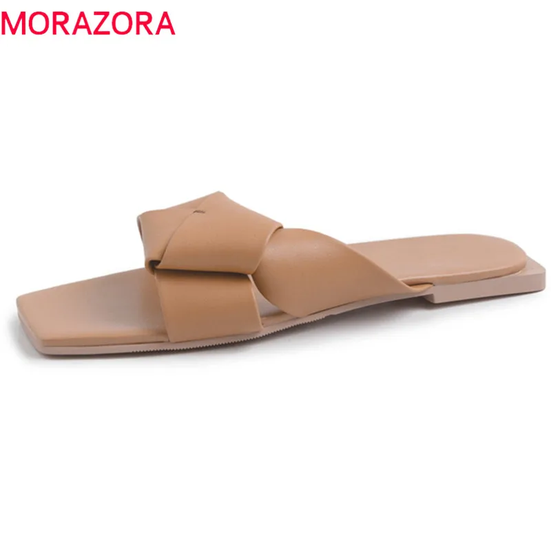 

MORAZORA 2019 big size 43 outside women slipper genuine leather shoes simple summer beach shoes woman casual flat shoes female
