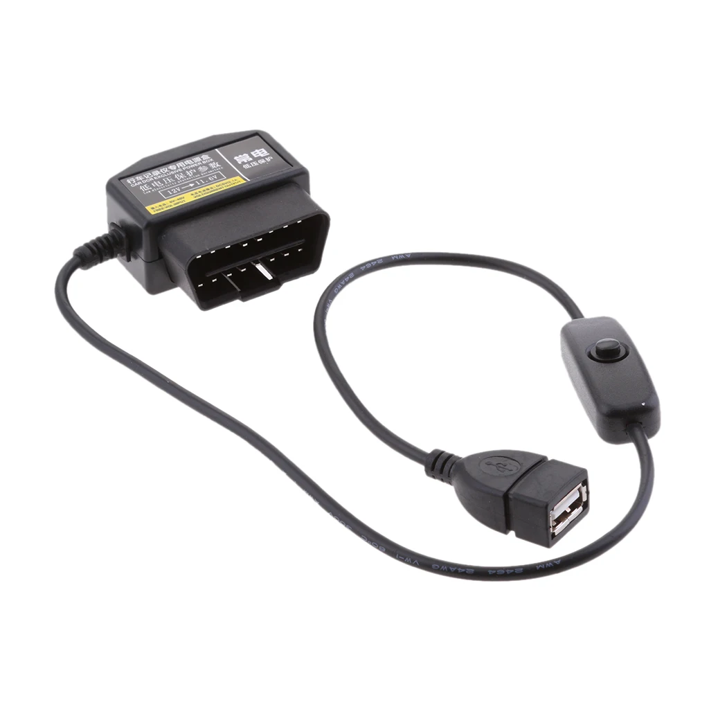 OBD 2 Car Charger 16 Pin Connector USB Power Cable for Phone Camera DVR GPS