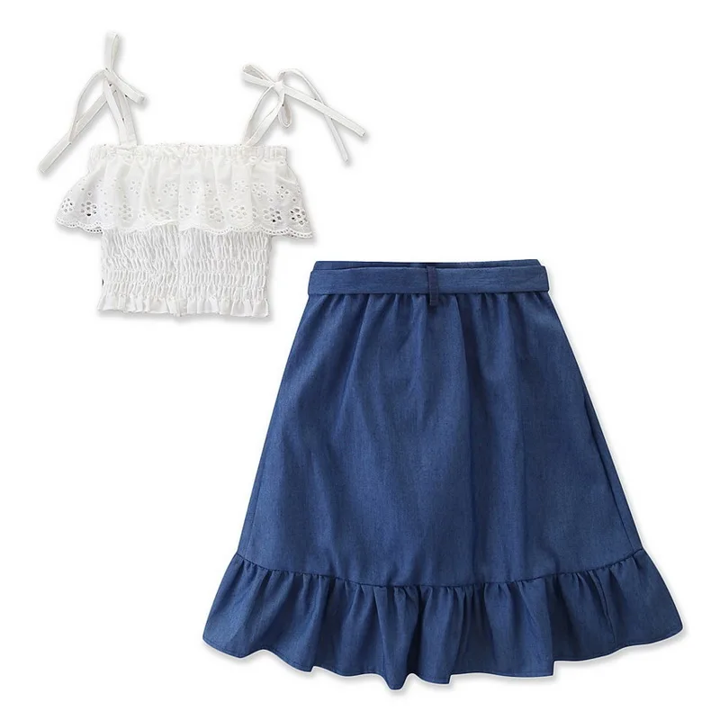 

Kids Baby Girl Outfits Suit Solid Sling Strap Shirt Tops Denim Shorts Belt Blue Skirt Summer Clothes    D25