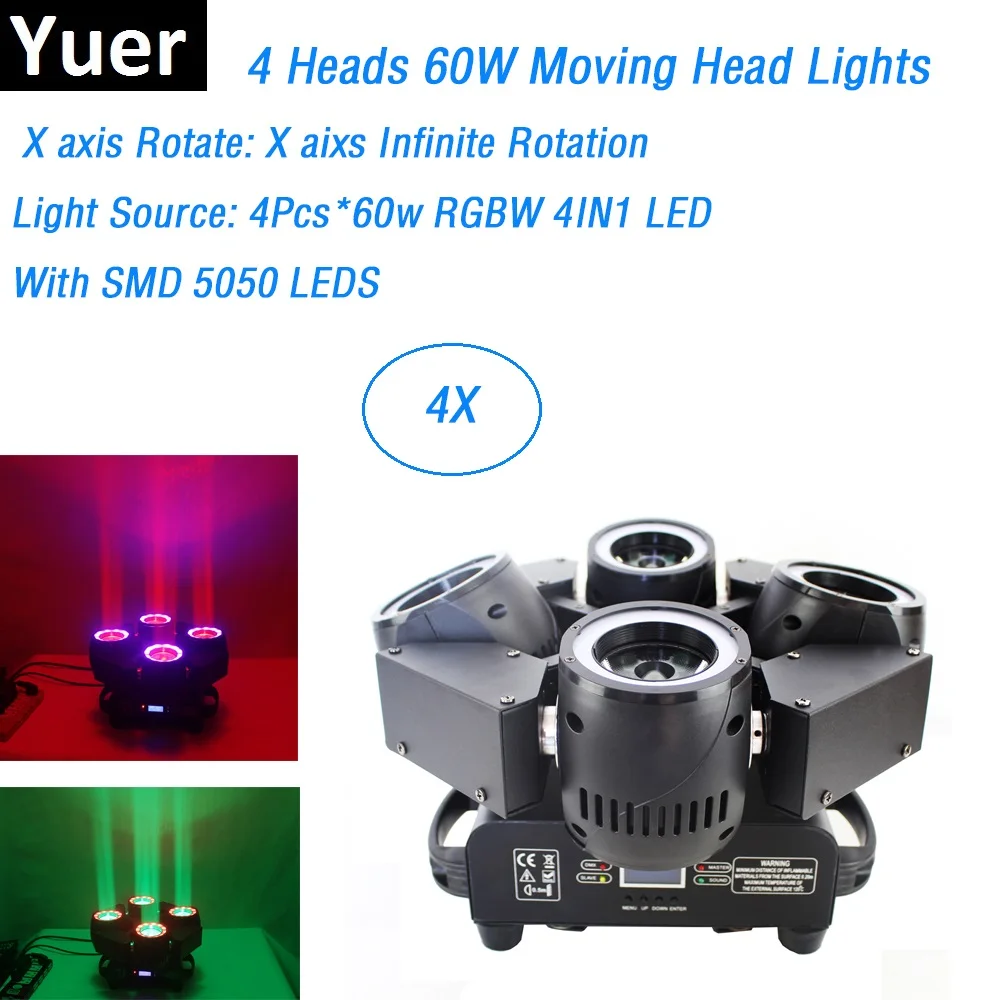 

4 Units Hot Sale 4X60W RGBW 4IN1 LED Moving Head Beam Lights With SMD 5050 LEDS X aixs Infinite Rotation Dj Bar Show Stage Light