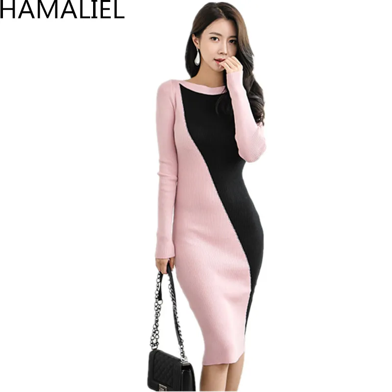 

HAMALIEL Women Bodycon Knitted Dress New 2018 Fashion Pink Patchwork Slim Long Sleeve Sheath Dress Autumn Sweater Pencil Dress