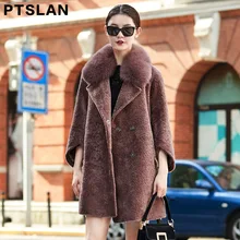 Ptslan High Quality Sheep Fur Coat Long Fashion Fox Fur Collar Coat Wool Winter Coat