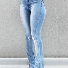Для женщин Элегантная мода плюс Размеры 3XL Light Blue Solid карман Повседневное джинсовые штаны узкие Высокая Талия рваные расклешенных джинсов