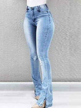 

2020 Women Fashion Elegant Plus Size 3XL Light Blue Solid Pocket Casual Denim Pants Skinny High Waist Ripped Bell-Bottom Jeans