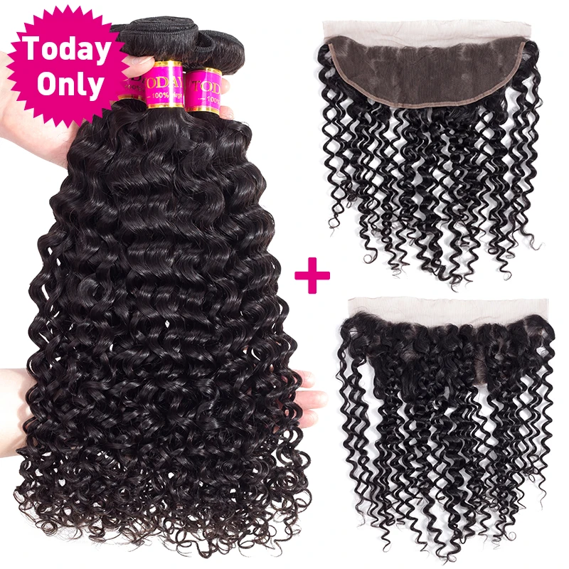 TODAY ONLY Peruvian Water Wave 3 Bundles With Frontal Lace Frontal Closure With Bundles Remy Human Hair Bundles With Frontal