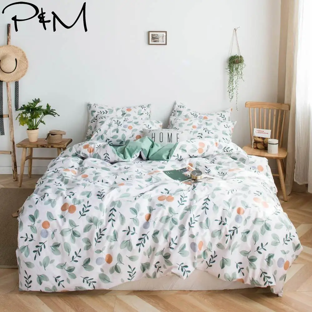 

2019 INS Green Leaves Orange Fruit Duvet Cover Set Flat Fitted Sheet Cotton Bedlinens Hypoallergenic Twin Queen King Bedlinens