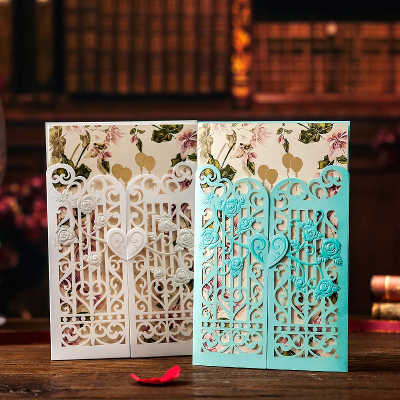 Free Shipping 20 X White/Blue Wedding Invitation Card Gold Envelope Gilding Laser Cut Party Supply | Дом и сад