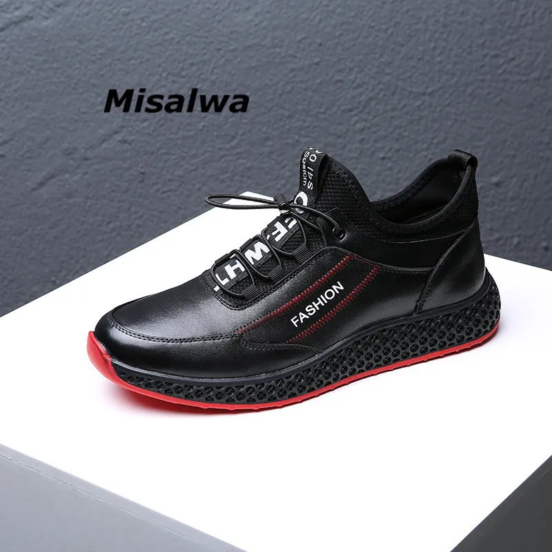 

Misalwa Autumn Hot Sale Quality Leather Sneakers Male Height Increased Stylish Casual Shoes Wear resisantce Black Elevator Shoes