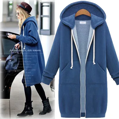 spring autumn new large size women's hooded long-sleeved Sweatshirt fleece Medium length Thick warm Cotton zipper Outerwear coat - Цвет: blue y48