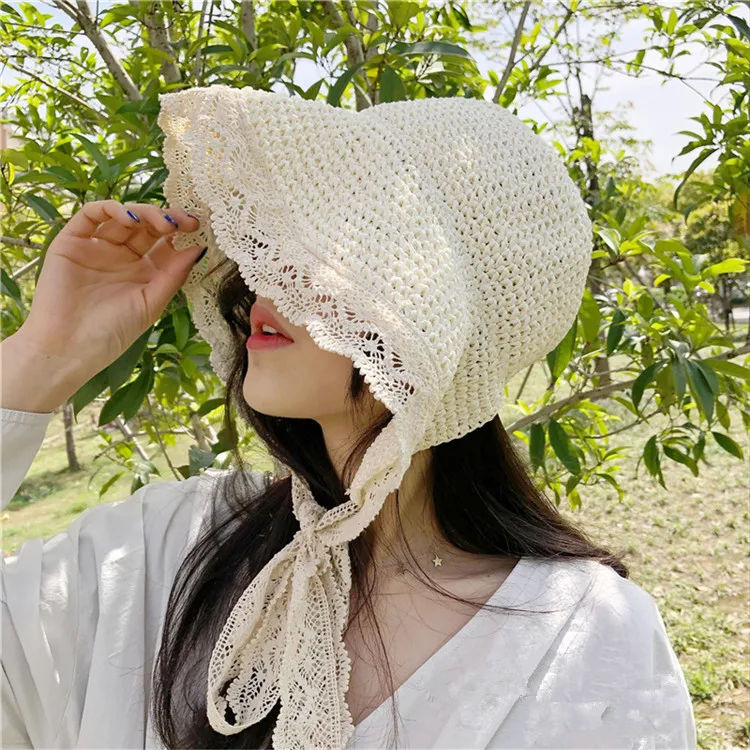 2018 Hot Sale French Mori Girl Style Lace Sunshade Straw Hat Summer Take a Holiday Windproof Beach Hat ACA31 (24)