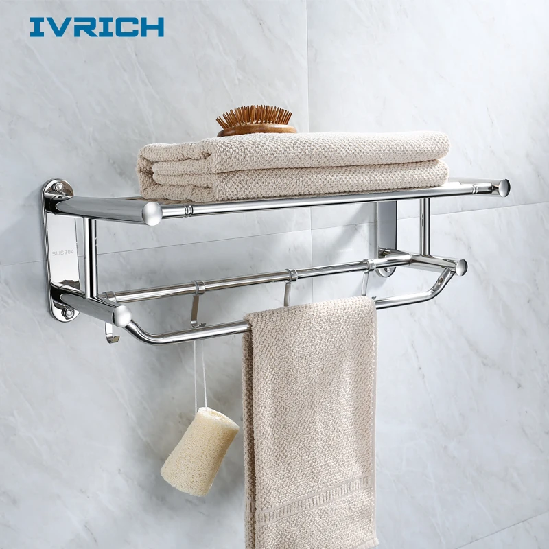 IVRICH الثابتة جولة اثنين طبقة منشفة رف العملي خطافات وعلاقات للملابس SUS304 غرامة الصلب مرآة مصقول سميكة تصميم SH003 IVRICH الثابتة جولة اثنين طبقة منشفة رف العملي خطافات وعلاقات للملابس SUS304 غرامة الصلب مرآة مصقول سميكة تصميم SH003