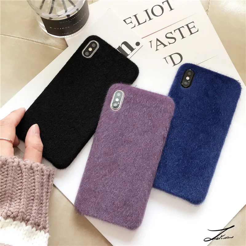 

New Fashion winter plush phone case for iphone 7 case for iphone 6 6s 7 8 plus x xr xs max soft black phone case