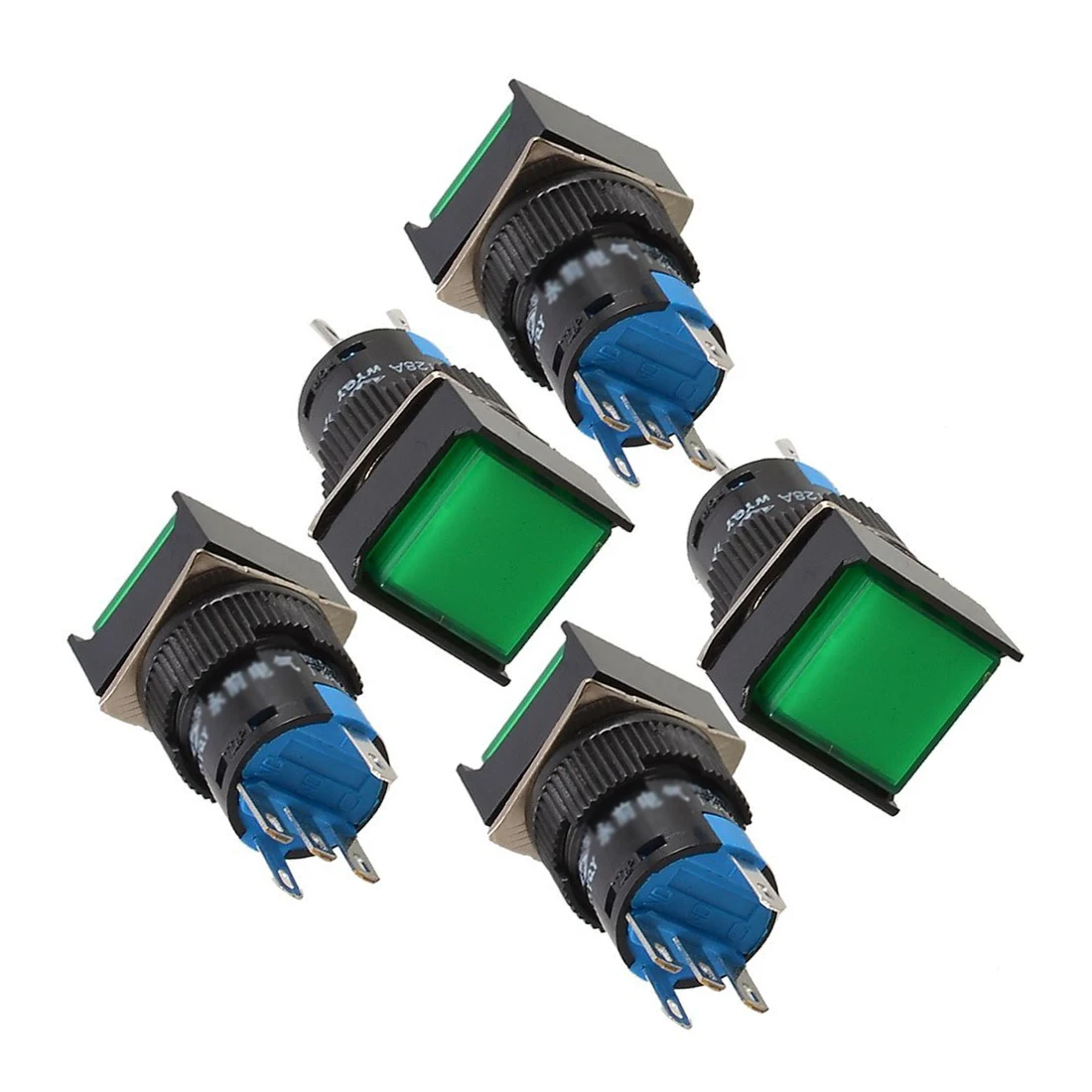 5 Pcs Green Square Cap DC12V Light SPDT 5 Terminals Latching Push Button Switch