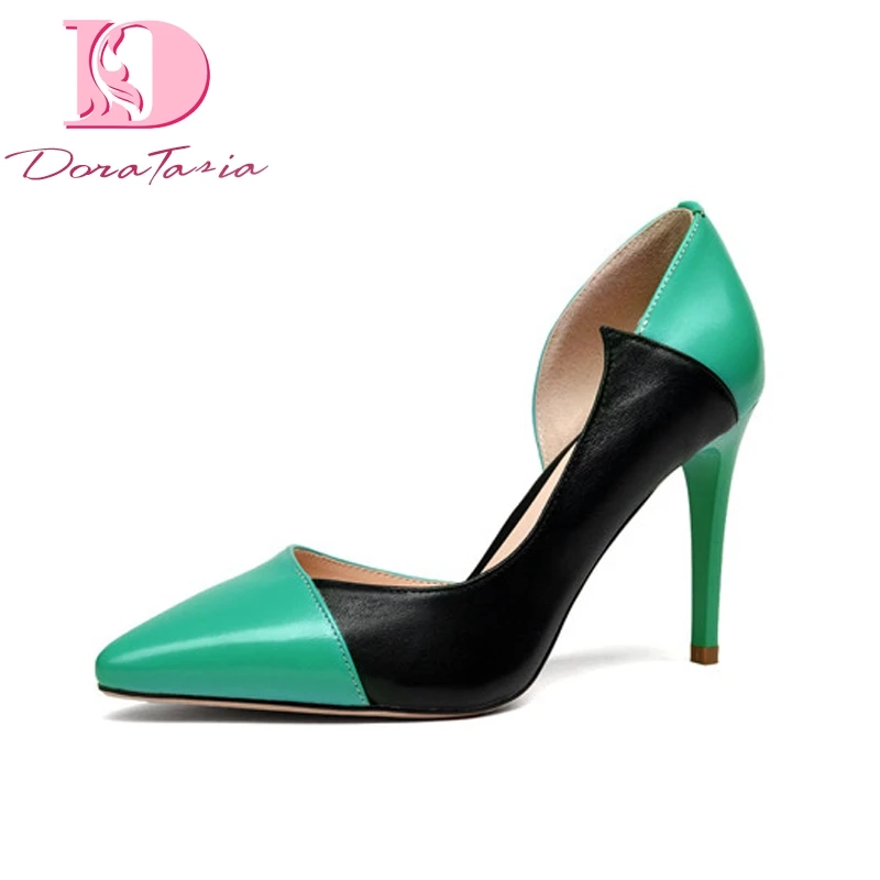 

Doratasia new women's genuine leather thin high heels shallow mixed colors shoes woman casual office pumps size 34-39