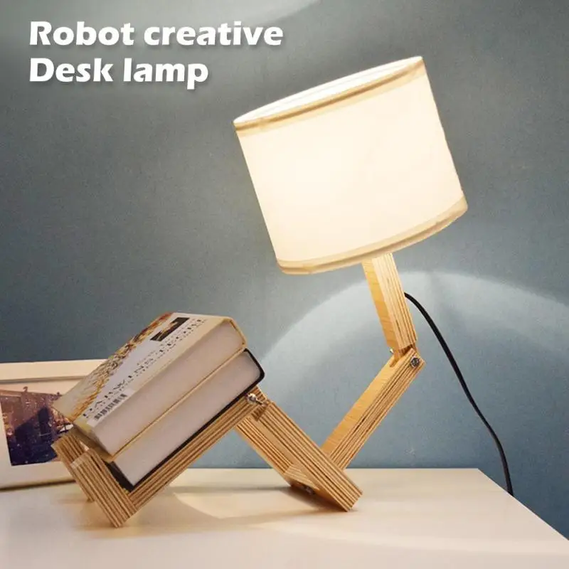 

AC 110-240V Modern Lovely Robot Shape Wooden Table Lamp E27 Lamp Holder Parlor Indoor Study Desktop Lighting Bedside Lamps Light