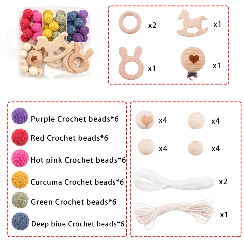 Combinação de Anel de Madeira do Bebê Contas de Crochê Brinquedos do Bebê Presente de Enfermagem Conjunto Pacote Mordedor Beads Faça Você Mesmo Jóias Hands-on Chupeta Clipe 1 2 1 conjunto Pacote Combinação de Anel De